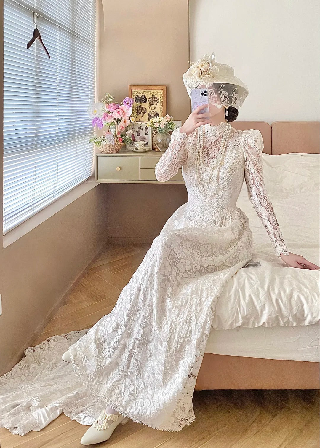 Elegant A Line High Collar Lace Wedding Dress  D2861