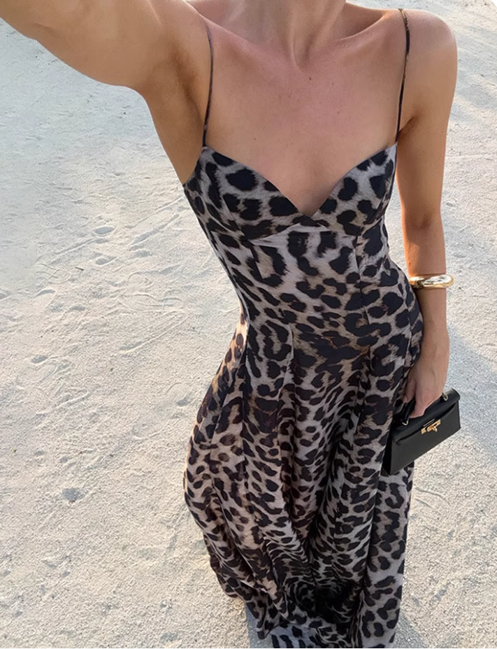 Stunning Summer Dress Spaghetti Straps Leopard Print Women Dress Vacation Outfits Party Dress D2878