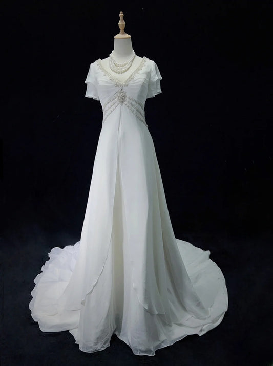 Elegantes A-Linie V-Ausschnitt Plissee Perlen Brautkleid D2897