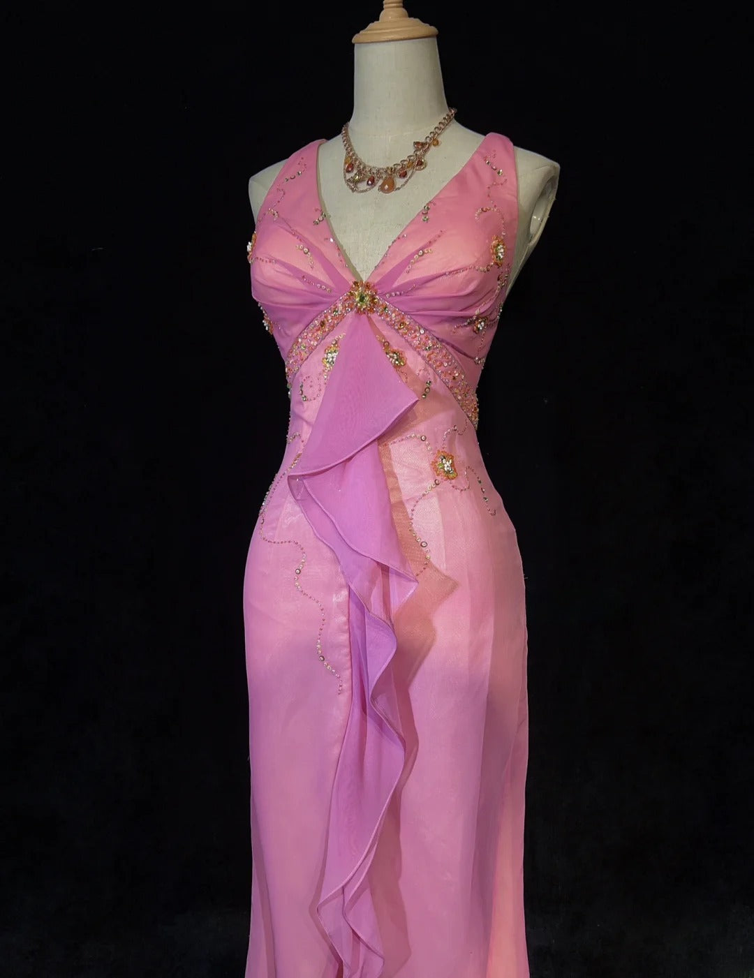 Sweet Prom Dress V-neck Pleated Ruffle Evening Dress Gala Dress D2913