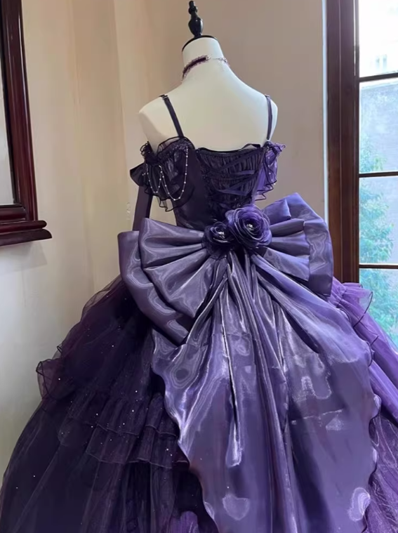 Beauty Prom Dress Purple Spaghetti Straps Pleated Tulle Ball Gown Evening Dress Quinceanera Dress D2930