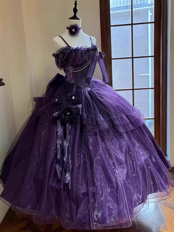 Beauty Prom Dress Purple Spaghetti Straps Pleated Tulle Ball Gown Evening Dress Quinceanera Dress D2930