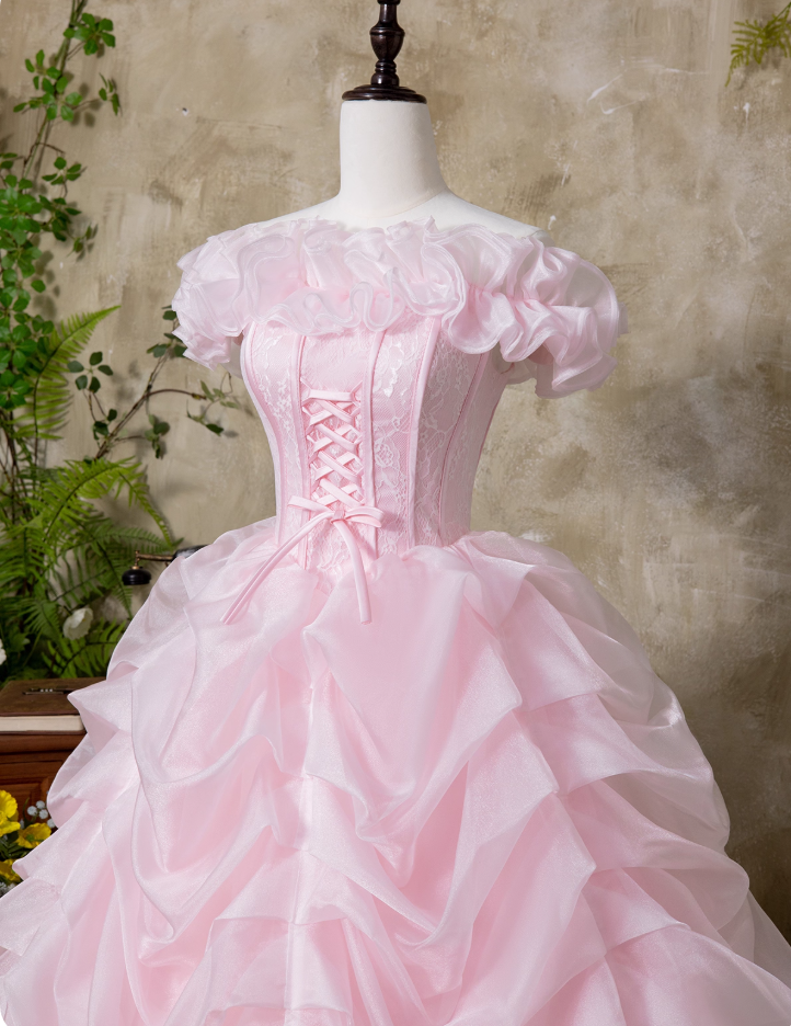 Sweet Prom Dress Pink Off Shoulder Ruffle Pleated Ball Gown Quinceanera Dress Princess Dresses D2938