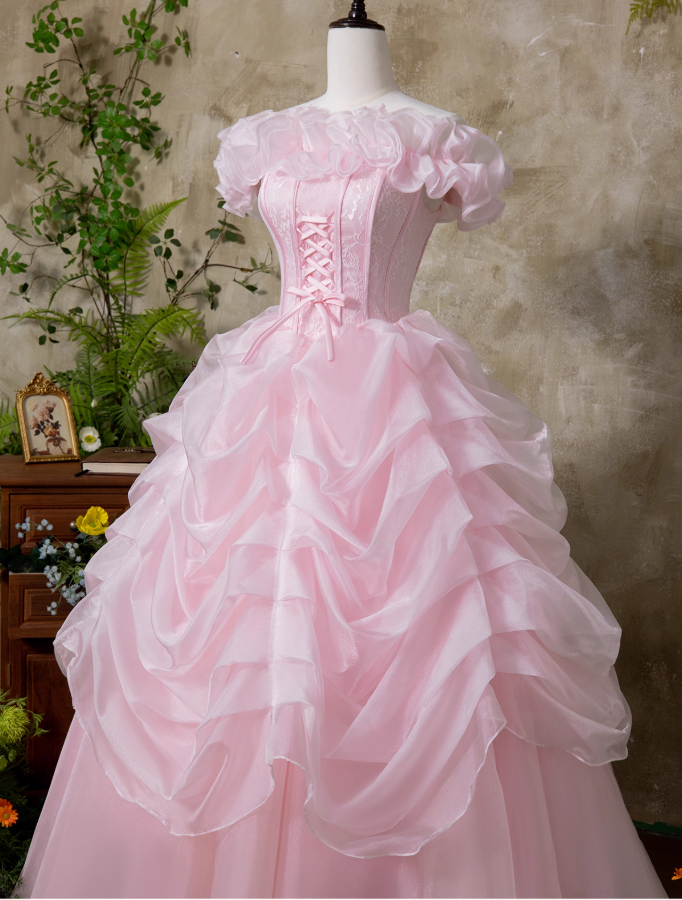 Sweet Prom Dress Pink Off Shoulder Ruffle Pleated Ball Gown Quinceanera Dress Princess Dresses D2938