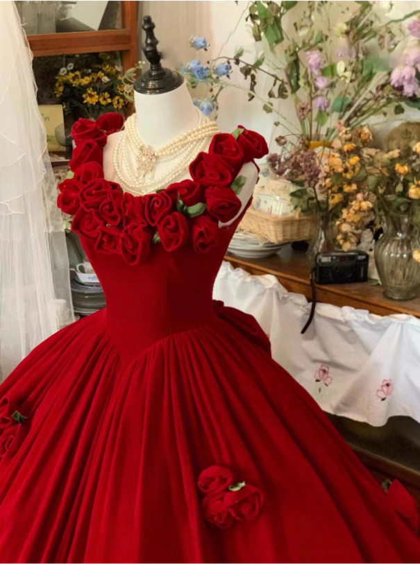 Cute Prom Dress Red Crew Neck Ruffle Pleated Ball Gown Quinceanera Dress Princess Dresses D2939