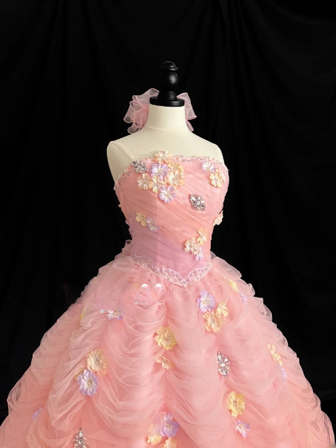 Sweet Prom Dress Strapless Flower Tulle Pleated Ball Gown Evening Dress Quinceanera Dress D2839