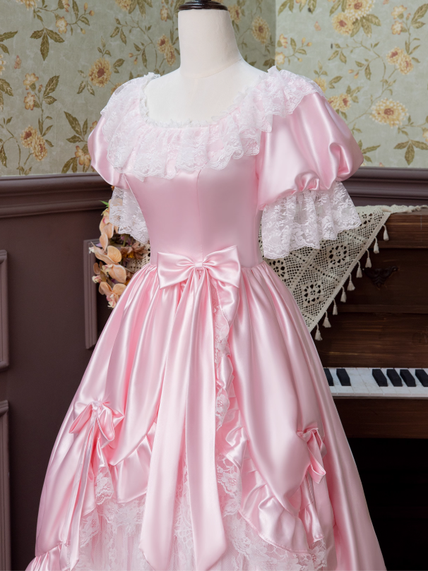 Stunning Prom Dress Pink Square Neck Pleated Lace Evening Dress16th Dress D2943