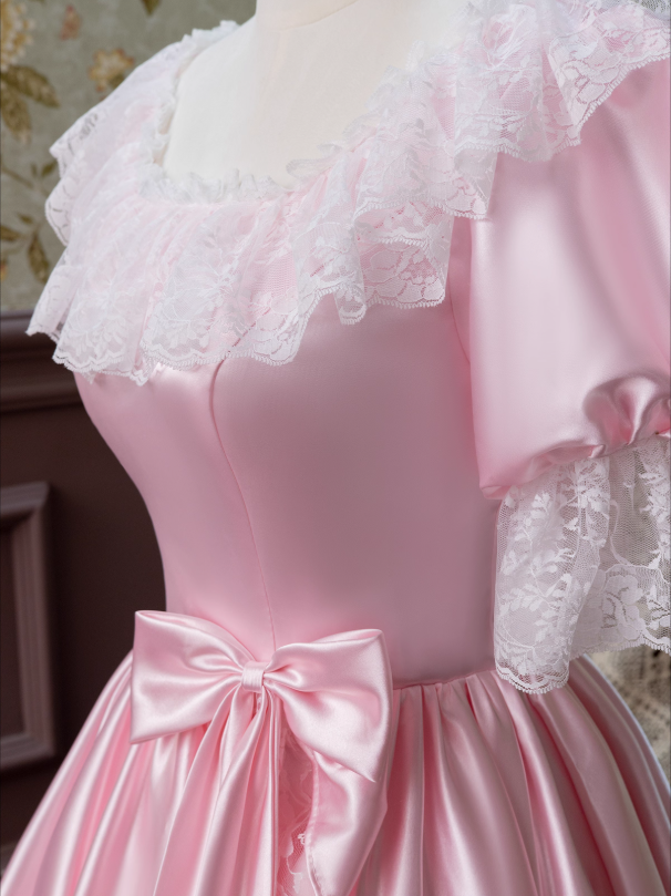 Stunning Prom Dress Pink Square Neck Pleated Lace Evening Dress16th Dress D2943