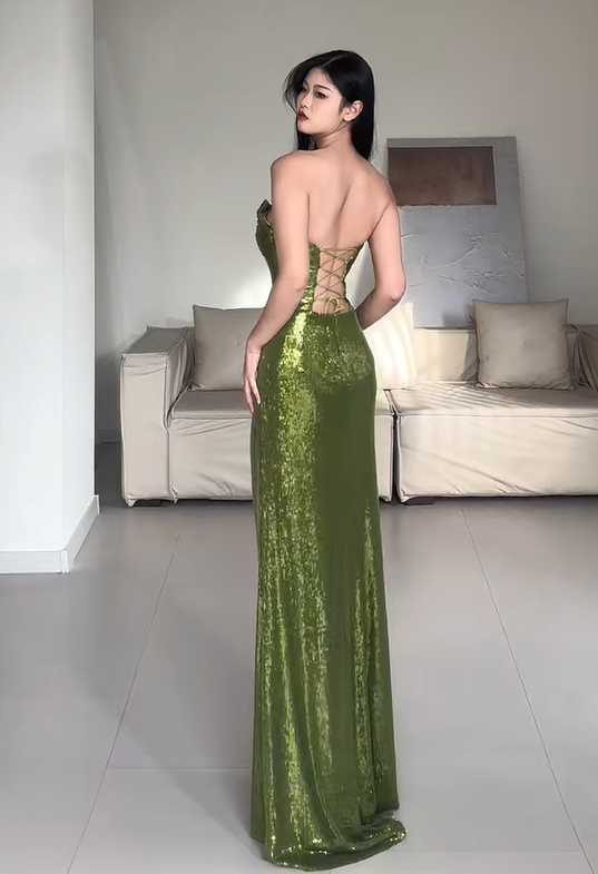 Shiny Prom Dress Green Strapless Pleated Slit Evening Dress Gala Dress Party Dress D2944