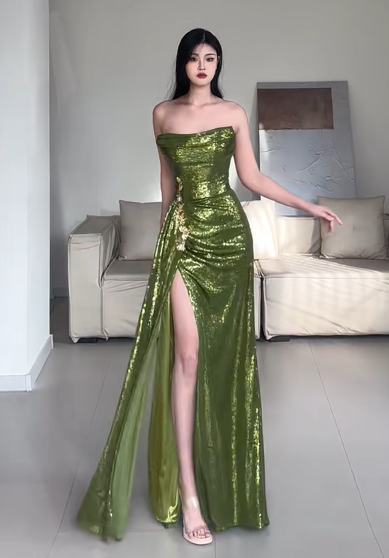 Shiny Prom Dress Green Strapless Pleated Slit Evening Dress Gala Dress Party Dress D2944