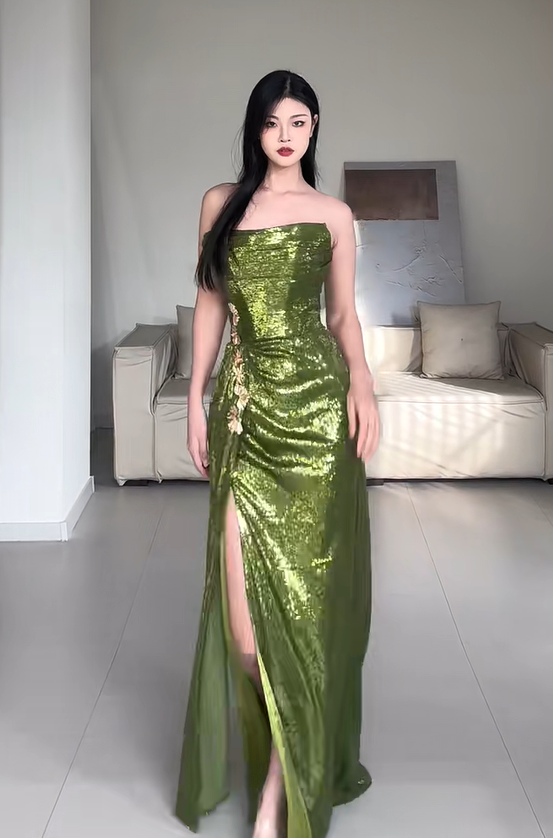Shiny Prom Dress Green Strapless Pleated Slit Evening Dress Gala Dress Party Dress D2944