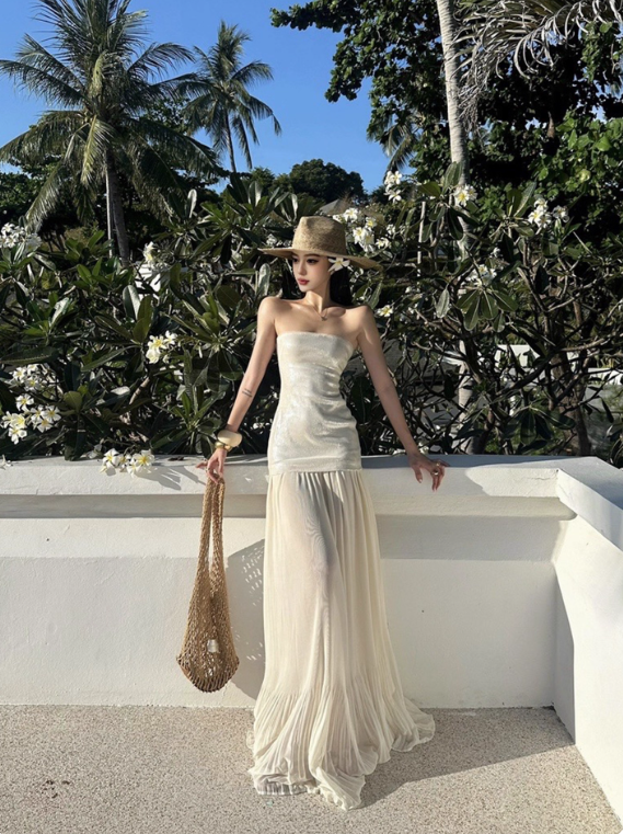 Shiny Women Dress Strapless Pleated Party Dress Summer Date Dress Vacation Dress D2955