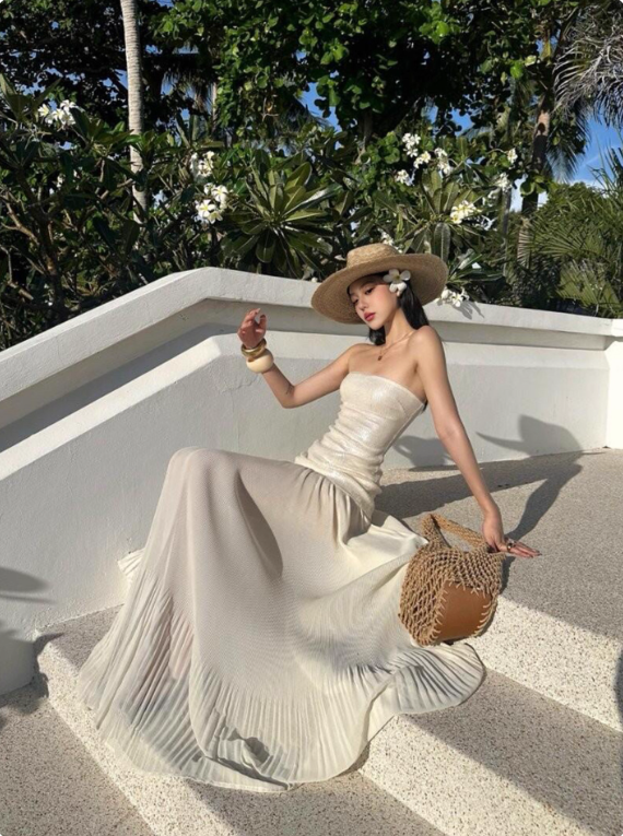 Shiny Women Dress Strapless Pleated Party Dress Summer Date Dress Vacation Dress D2955