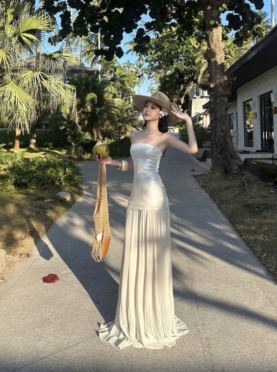 Shiny Women Dress Strapless Pleated Party Dress Summer Date Dress Vacation Dress D2955
