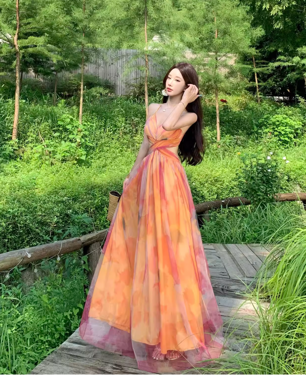 Stunning Women Dress Spaghetti Straps Pleated Summer Date Dress Seaside Party Dress D2957