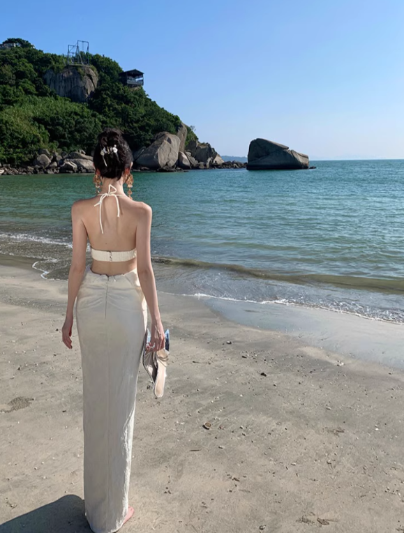 Elegant Women Dress Halter Backless Summer Seaside Dress Vacation Date Dress D2961