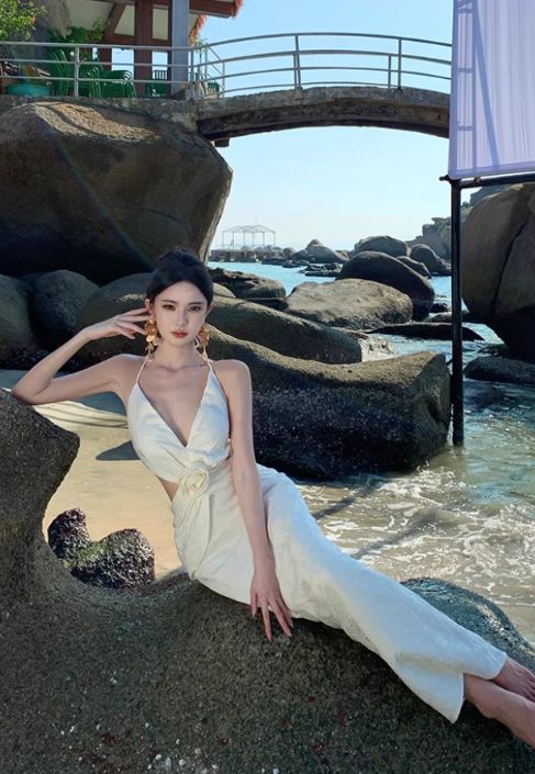 Elegant Women Dress Halter Backless Summer Seaside Dress Vacation Date Dress D2961
