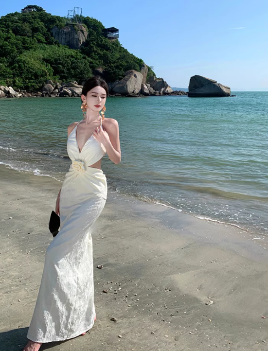 Elegant Women Dress Halter Backless Summer Seaside Dress Vacation Date Dress D2961