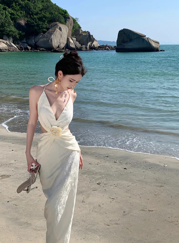 Elegant Women Dress Halter Backless Summer Seaside Dress Vacation Date Dress D2961