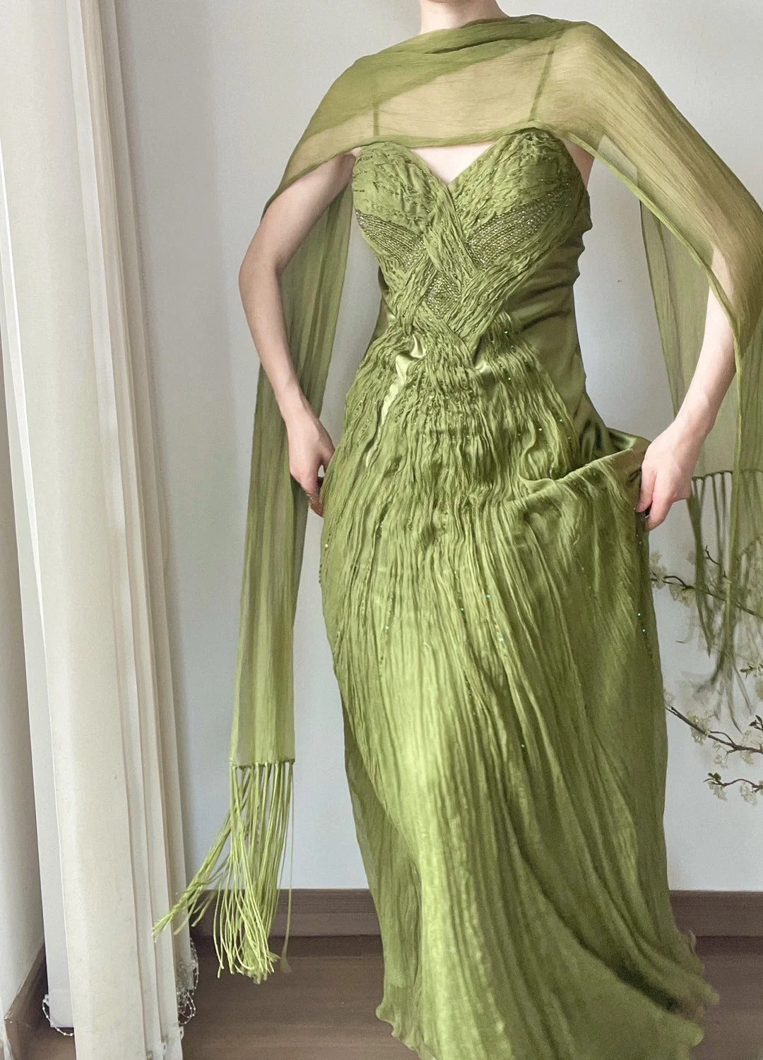 Elegant Prom Dress Green Spaghetti Straps Pleated Gala Dress Evening Dresses D2997