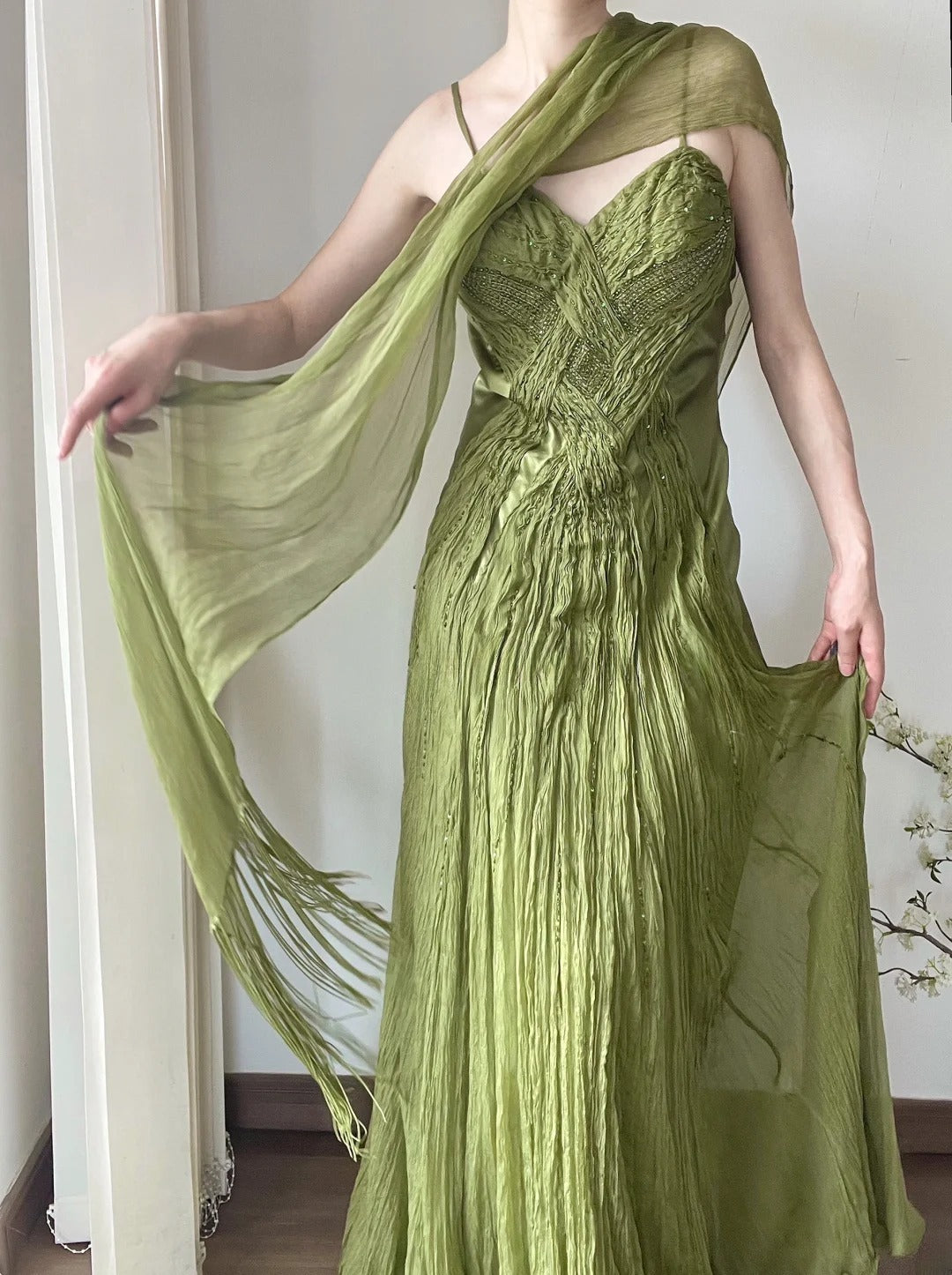 Elegant Prom Dress Green Spaghetti Straps Pleated Gala Dress Evening Dresses D2997
