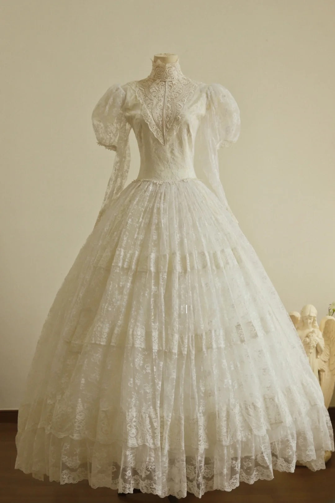 Charming High Collar Lace Pleated Tiered Wedding Dress D2999