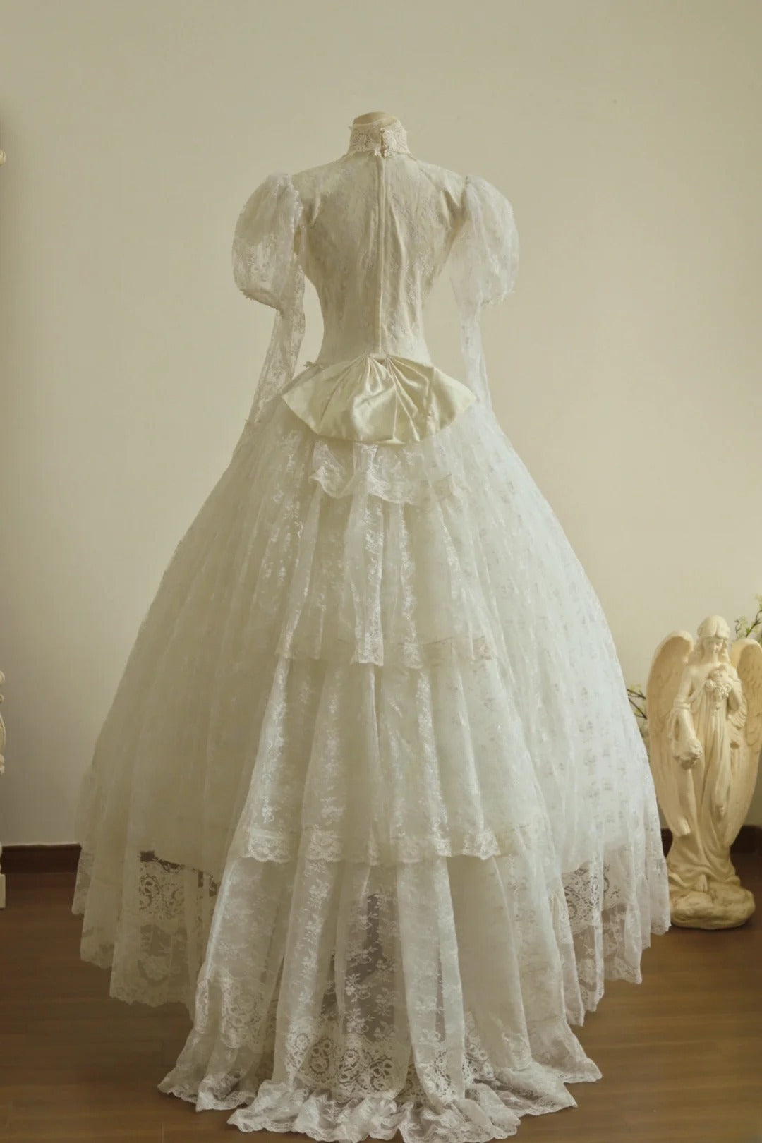 Charming High Collar Lace Pleated Tiered Wedding Dress D2999