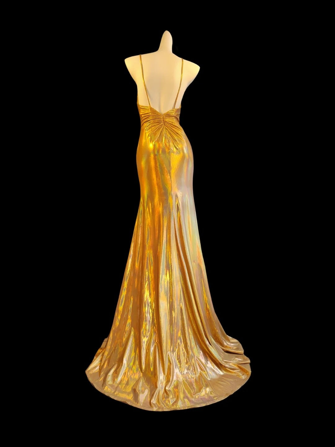 Shiny Prom Dress Gold Spaghetti Straps Pleated Slit Mermaid Evening Dresses Gala Dress D3044