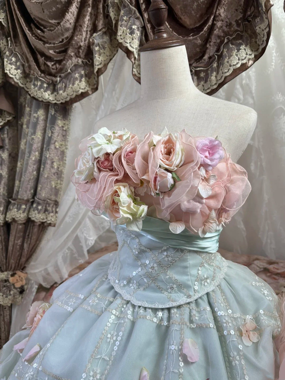 Sweet Prom Dress Strapless Flower Ruffle Ball Gown Evening Dress Quinceanera Dress D3050
