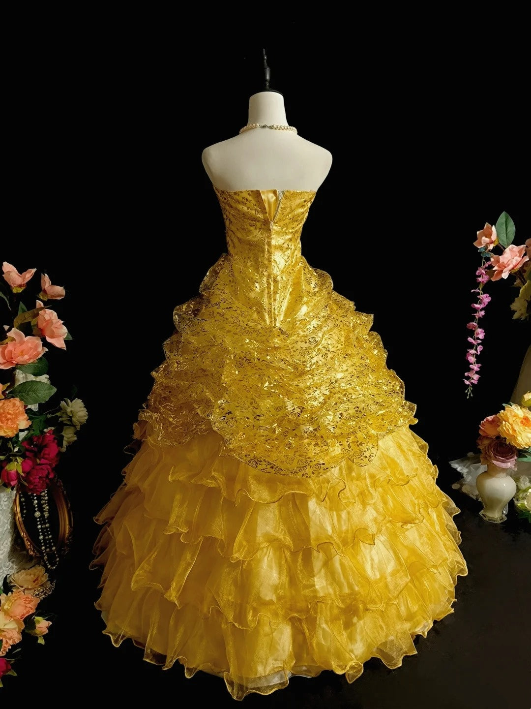 Shiny Prom Dress Gold Strapless Pleated Ruffle Ball Gown Evening Dress Gala Dress D3064
