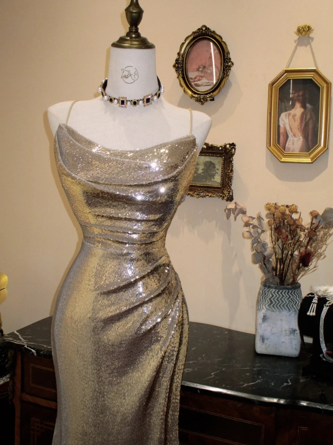 Shiny Prom Dress Spaghetti Straps Pleated Mermaid Evening Dress Gala Dress D3072