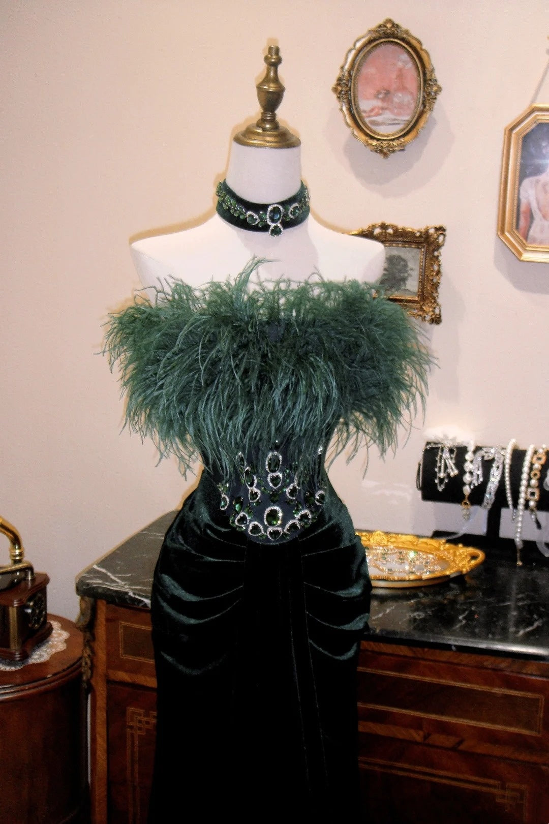 Charming Prom Dress Dark Green Strapless Crystal Pleated Evening Dress Gala Dress D3080