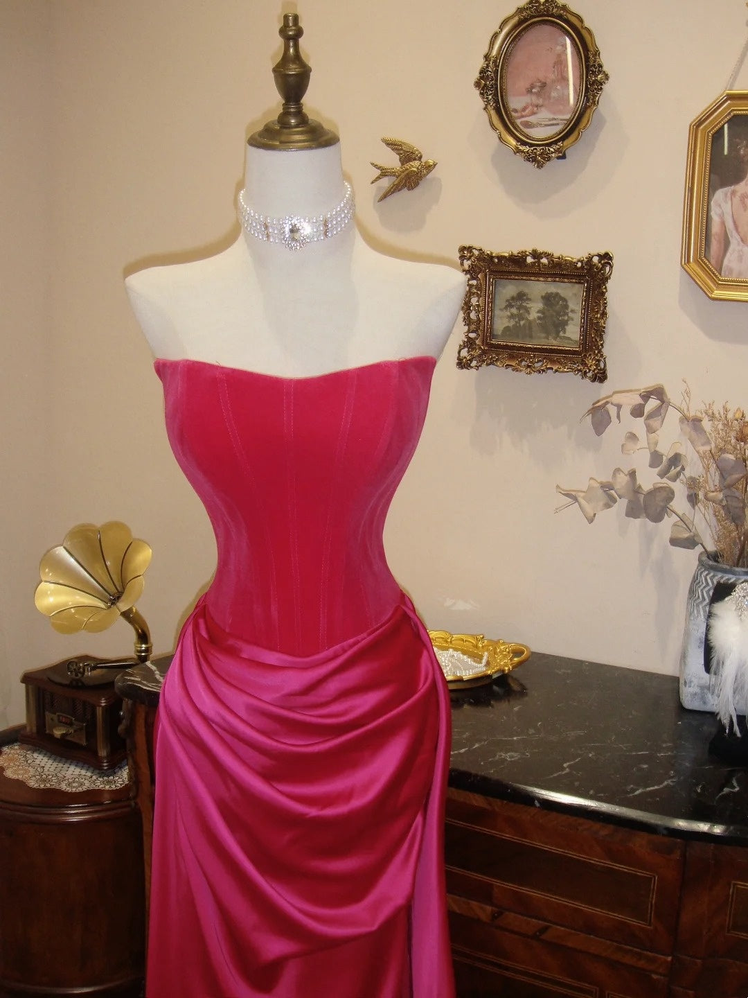 Pretty Prom Dress Hot Pink Strapless Pleated Evening Dress Gala Dress D3081
