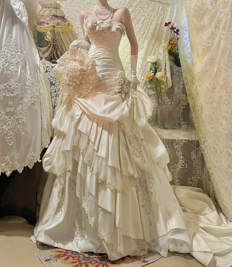 Charming Prom Dress Strapless Pleated Tiered Birthday Party Dress Evening Dress D3091