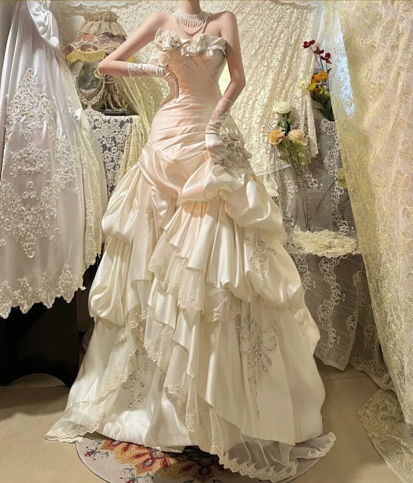 Charming Prom Dress Strapless Pleated Tiered Birthday Party Dress Evening Dress D3091