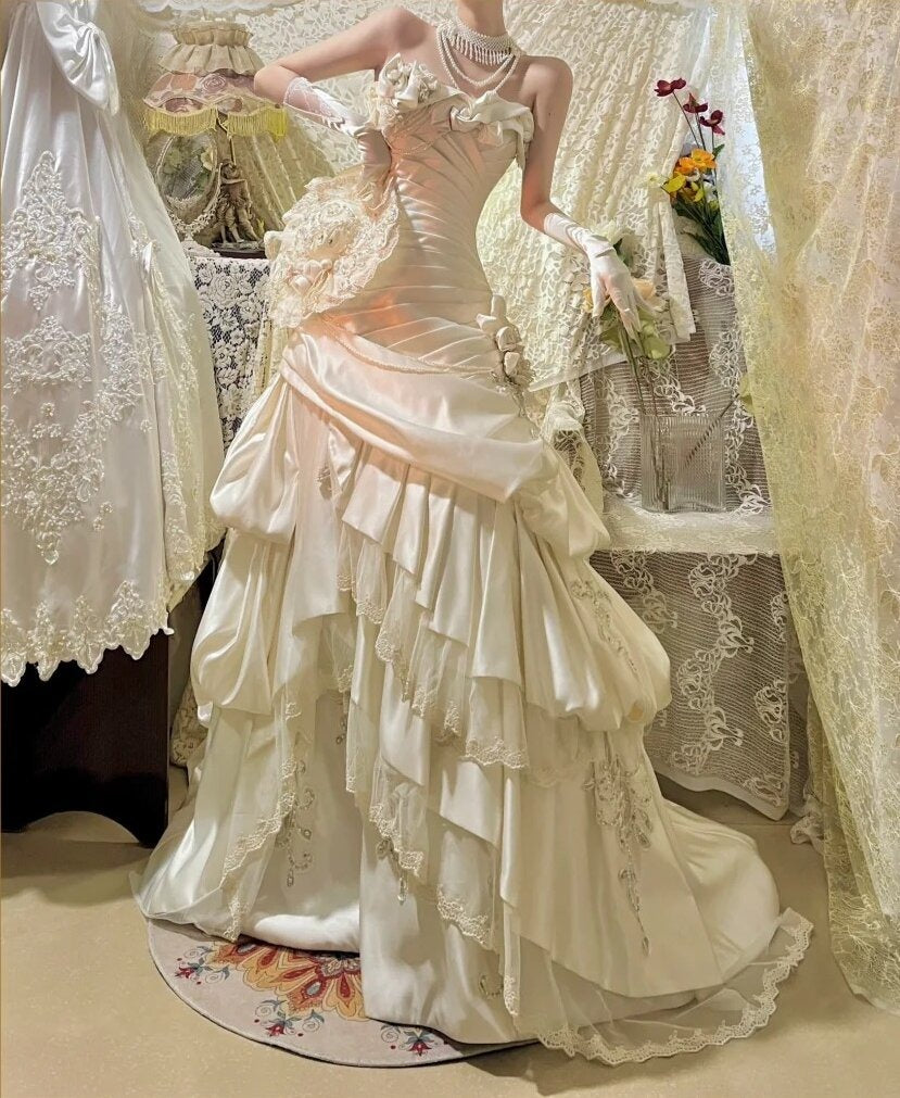 Charming Prom Dress Strapless Pleated Tiered Birthday Party Dress Evening Dress D3091