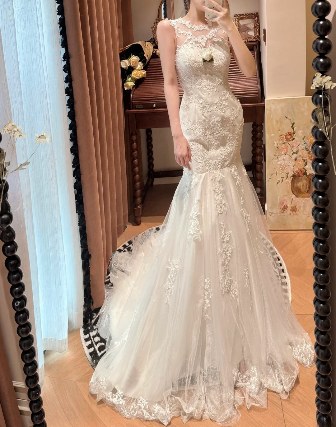 Elegant Crew Neck Lace Pleated Mermaid Wedding Dress D3116