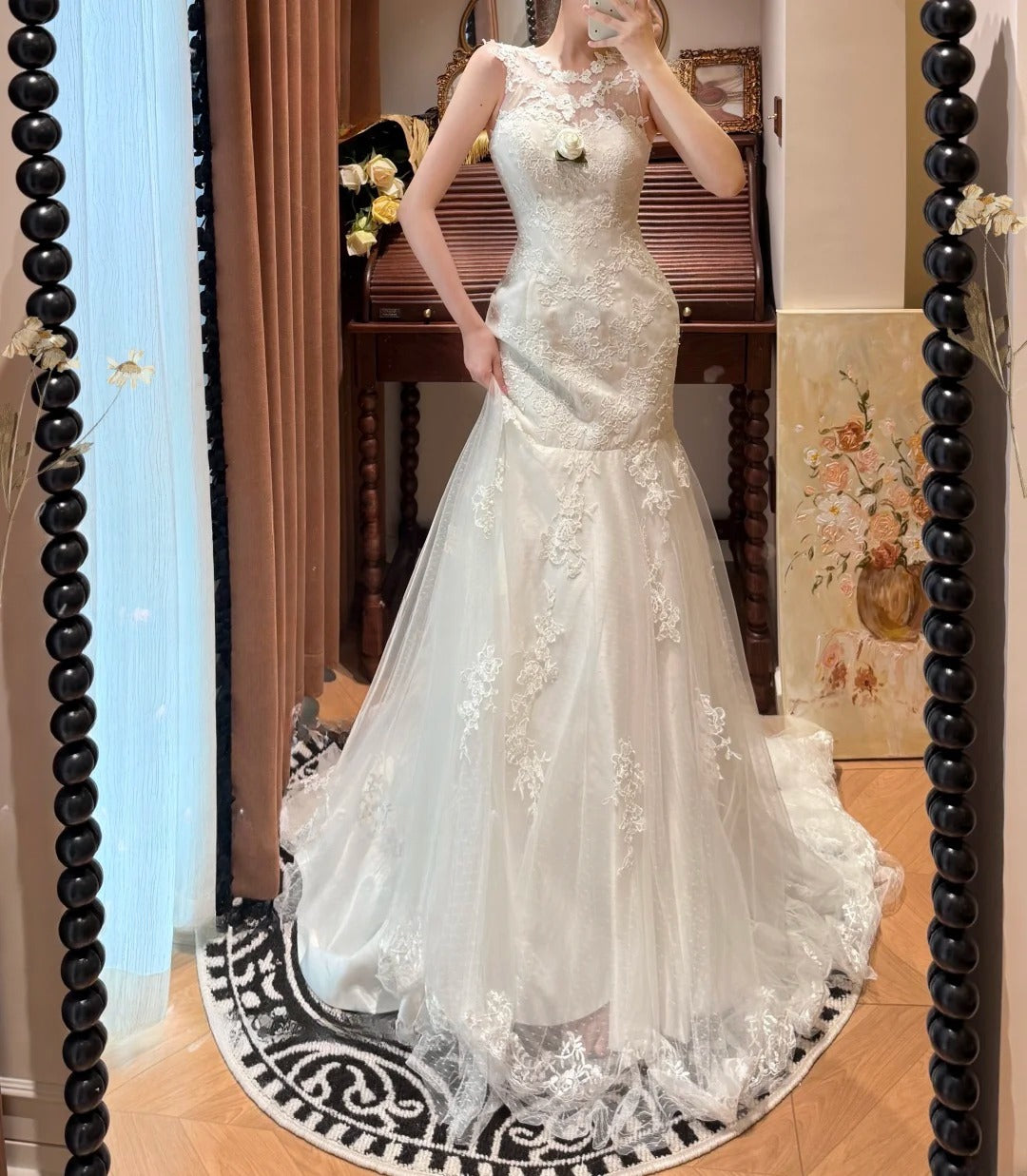 Elegant Crew Neck Lace Pleated Mermaid Wedding Dress D3116