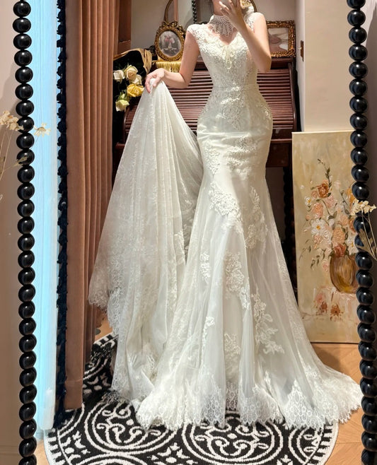 Pretty V-neck Mermaid Wedding Dresss D3117
