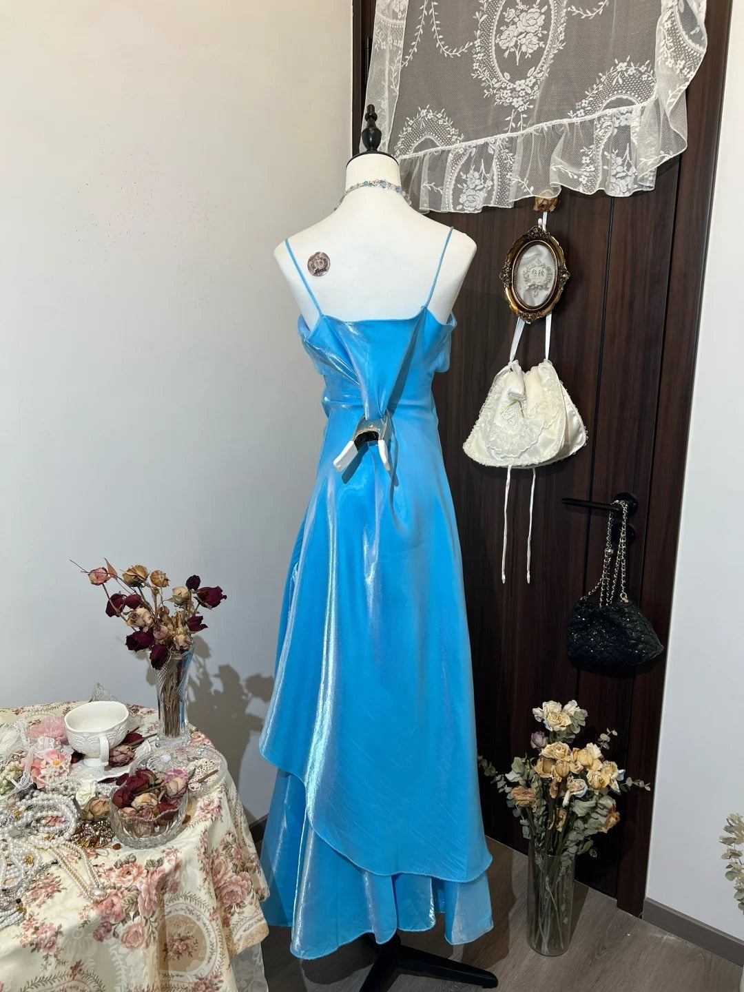 Shiny Prom Dress Blue A Line Spaghetti Straps Evening Dress Gala Dress D3132