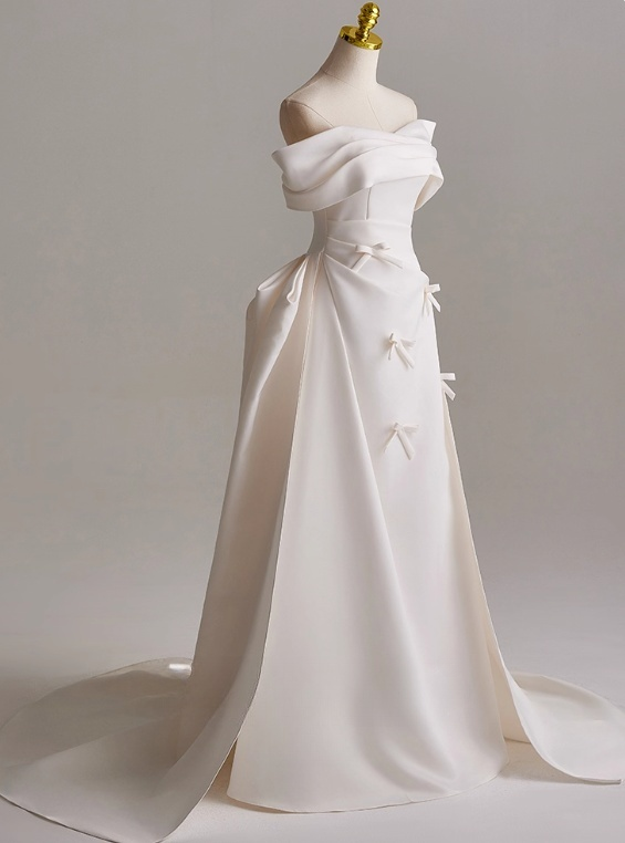 Minimalist A Line Off Shoulder Pleated Wedding Dress D3134