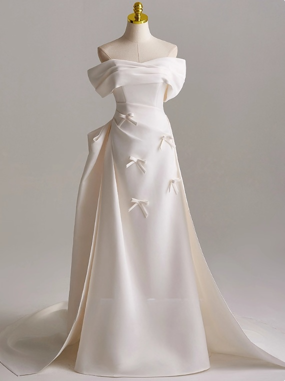 Minimalist A Line Off Shoulder Pleated Wedding Dress D3134