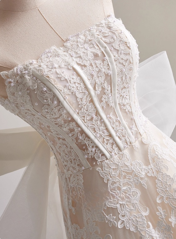 Elegant A Line Strapless Bowknot Lace Wedding Dress D3136