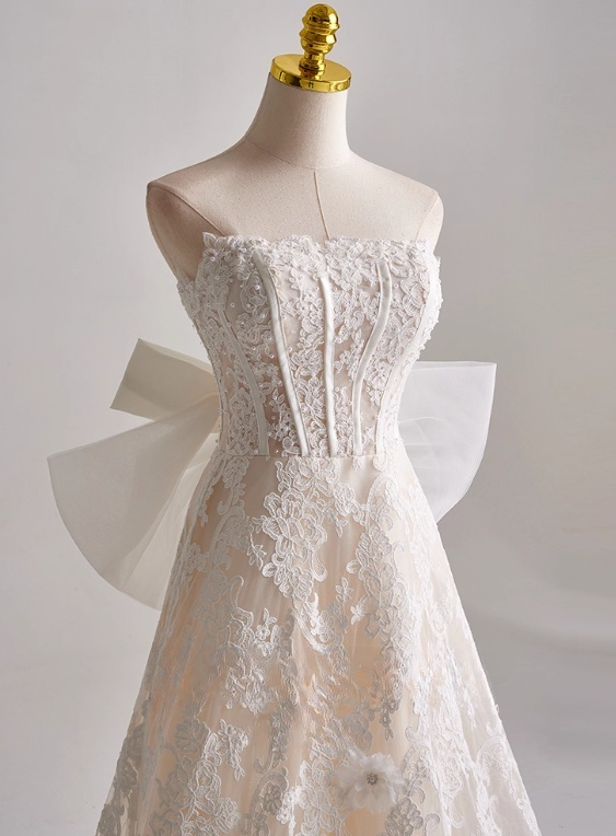 Elegant A Line Strapless Bowknot Lace Wedding Dress D3136