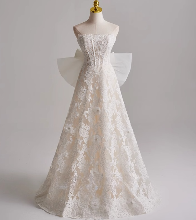 Elegant A Line Strapless Bowknot Lace Wedding Dress D3136