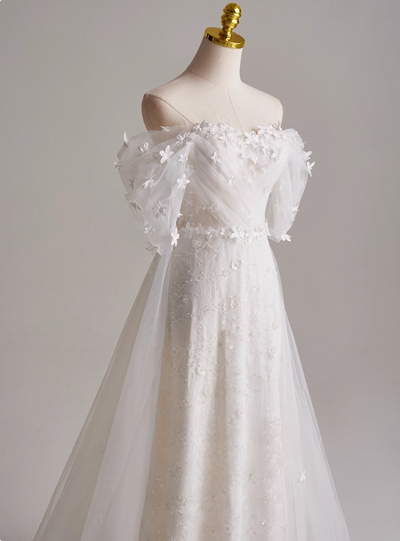 Elegant A Line Off Shoulder Pleated Tulle Wedding Dress D3139