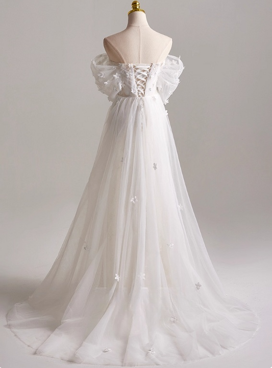 Elegant A Line Off Shoulder Pleated Tulle Wedding Dress D3139