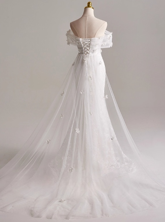 Charming Off Shoulder Floral Tulle Mermaid Wedding Dress D3140