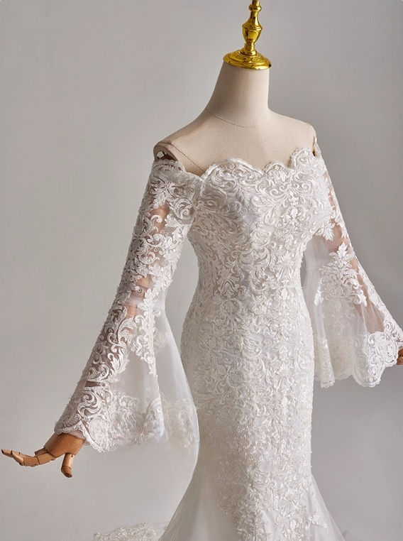 Elegant Wedding Dress Off Shoulder Long Sleeve Tulle Mermaid Wedding Dress D3145