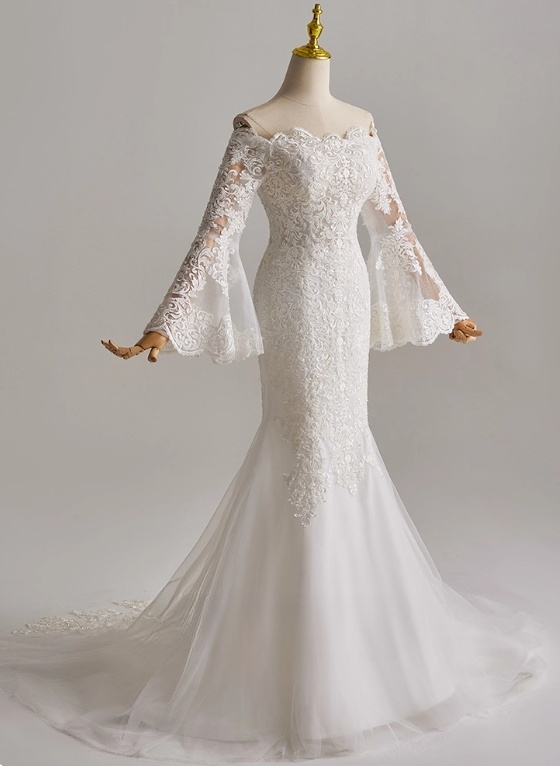 Elegant Wedding Dress Off Shoulder Long Sleeve Tulle Mermaid Wedding Dress D3145